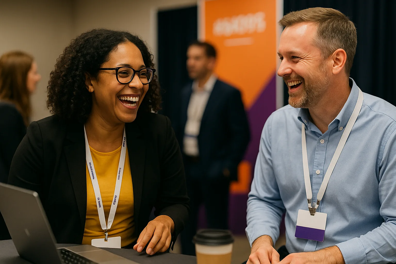 Two attendees laughing together at a demo booth - the micro-moments modern event photography is built on