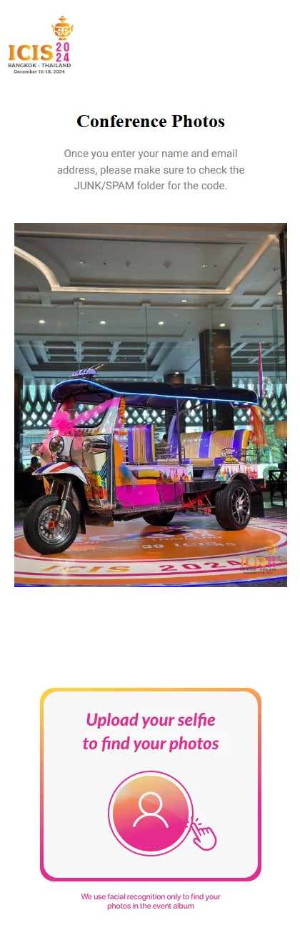 The ICIS 2024 conference photo hub - an AIS-branded page with Bangkok event imagery and a selfie-upload call to action to find personal photos