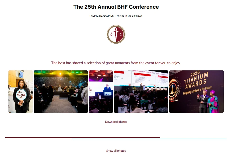 The 25th Annual BHF Conference Hub, showing the host's selection of highlight moments above the download and full-gallery options