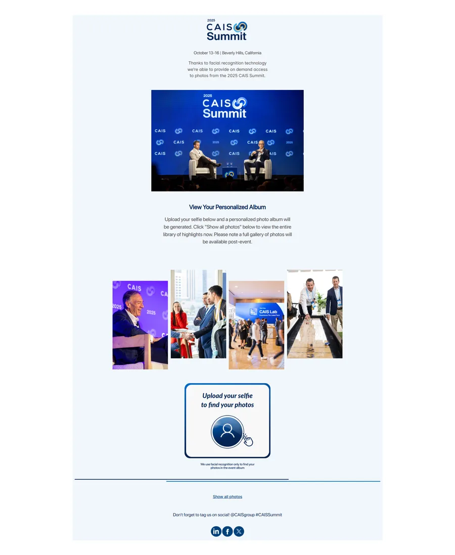 The post-event CAIS Engagement Hub showing a live gallery strip of Summit highlights plus the selfie-upload entry point to a personalized album