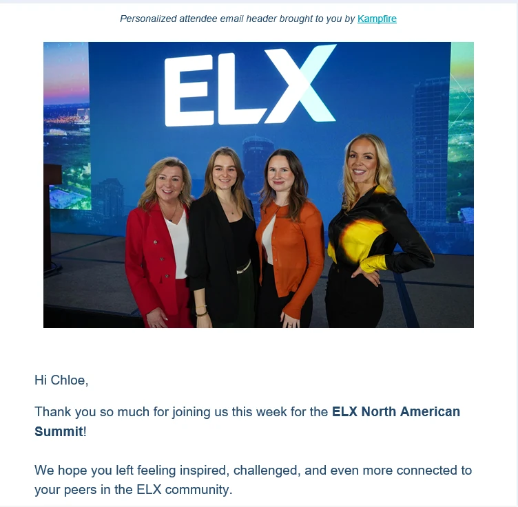 A Kampfire Spotlight personalized attendee email for the ELX North American Summit, leading with the attendee's own photo from the event above a personally addressed thank-you message