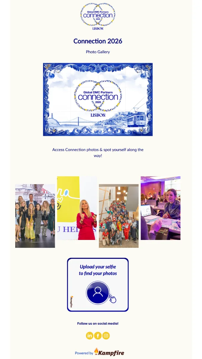 The Connection 2026 Engagement Hub invitation - a Global DMC Partners branded email with event highlights and a selfie-upload call to action
