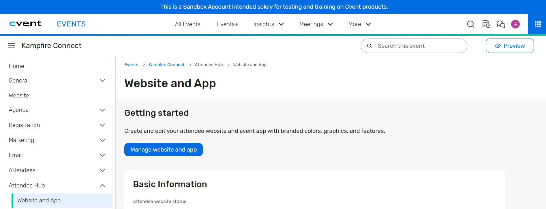 The Cvent Attendee Hub configuration screen where the Kampfire section is added to the event website and app