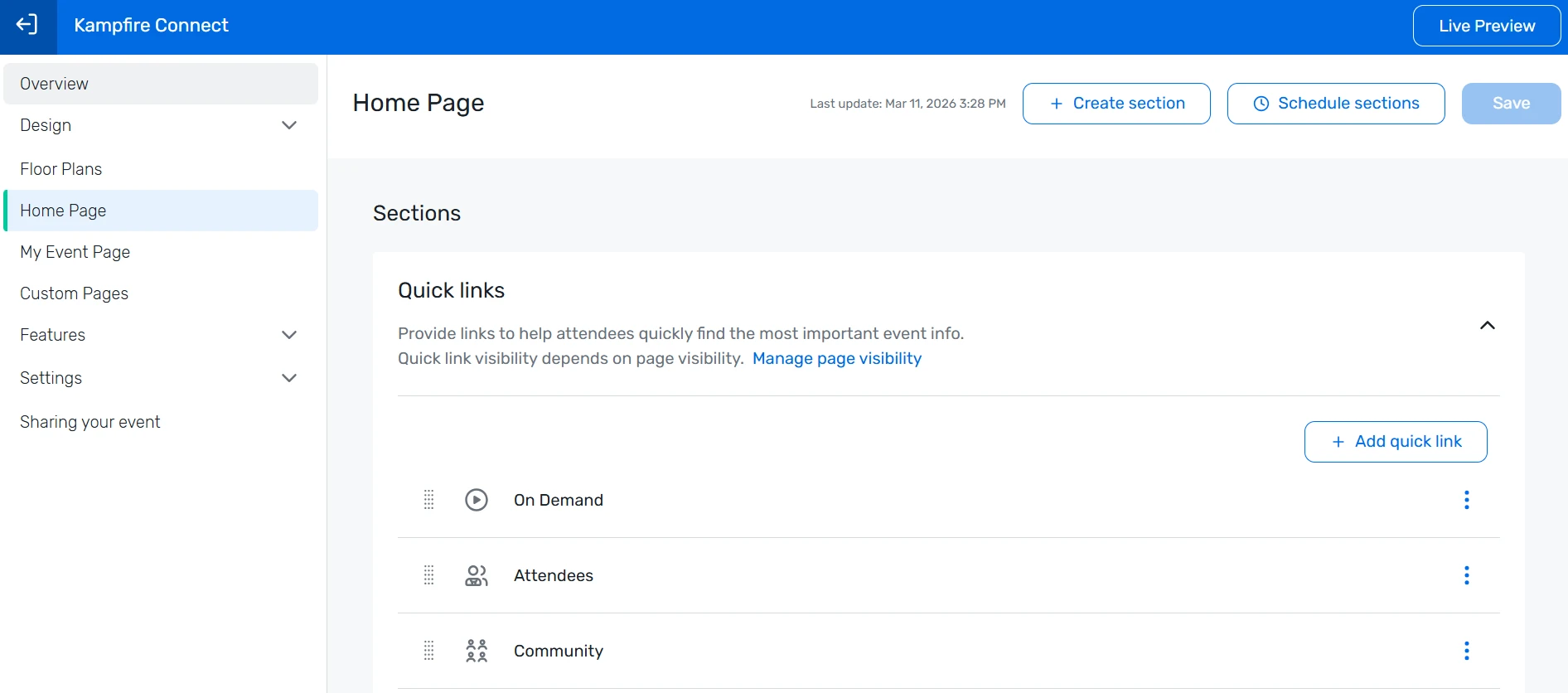 Cvent Home Page editor with the Create section button