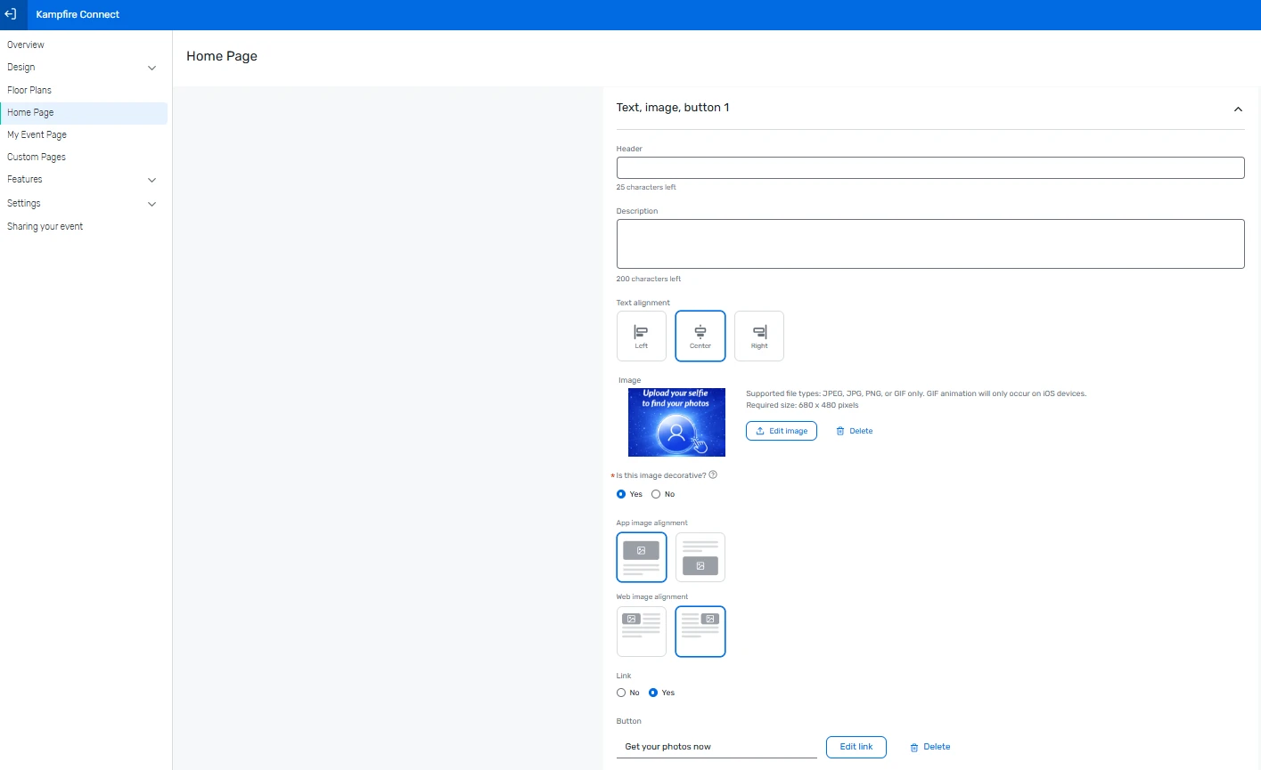 Configuring the Text, image, button section with the Kampfire link and Get your photos now button