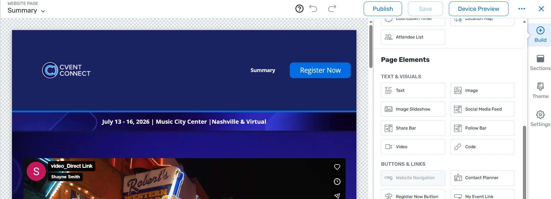 Cvent Site Designer - dragging the Code element onto the page
