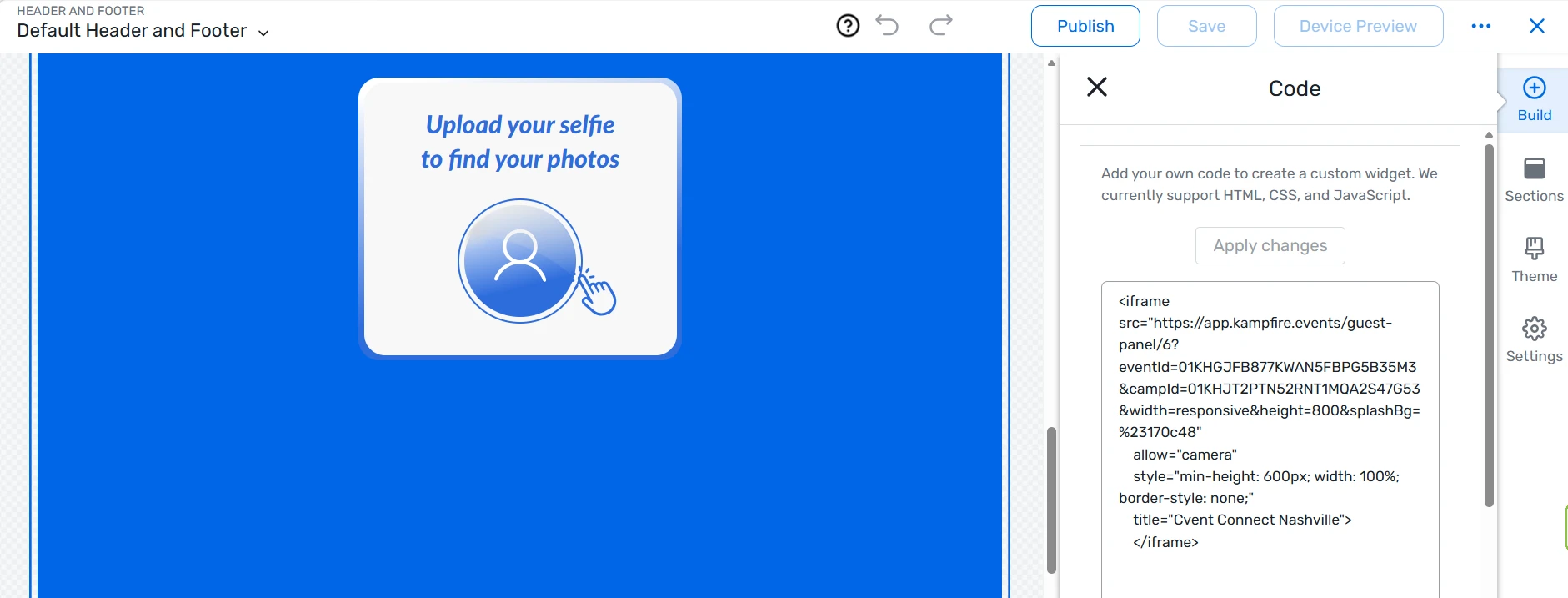 The Cvent site designer with the Kampfire embed code pasted in and the selfie-upload widget visible in the preview