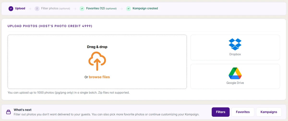 The Upload Photos screen with drag-and-drop plus Dropbox and Google Drive import, and the Kampaign creation steps completed above